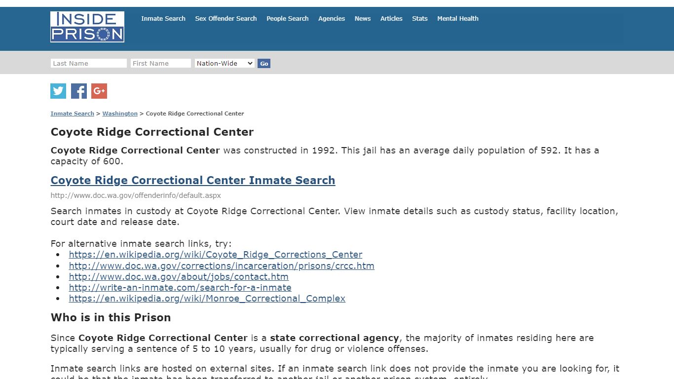 Coyote Ridge Correctional Center - Washington - Inmate Search